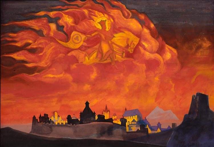 A fiery, ethereal figure of Saint Sophia flying through a vibrant red sky holding the Banner of Peace, symbolizing the protection of culture and wisdom during chaotic times like war. Painting by Nicholas Roerich, 1932